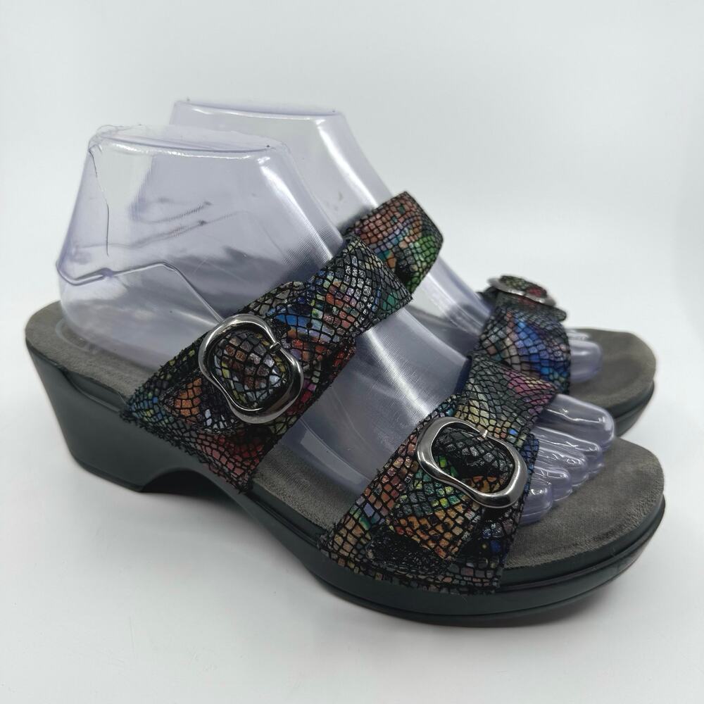 Dansko Sophie Mosaic Slide Wedge Sandals Black Leather Buckle Womens Size EU 39